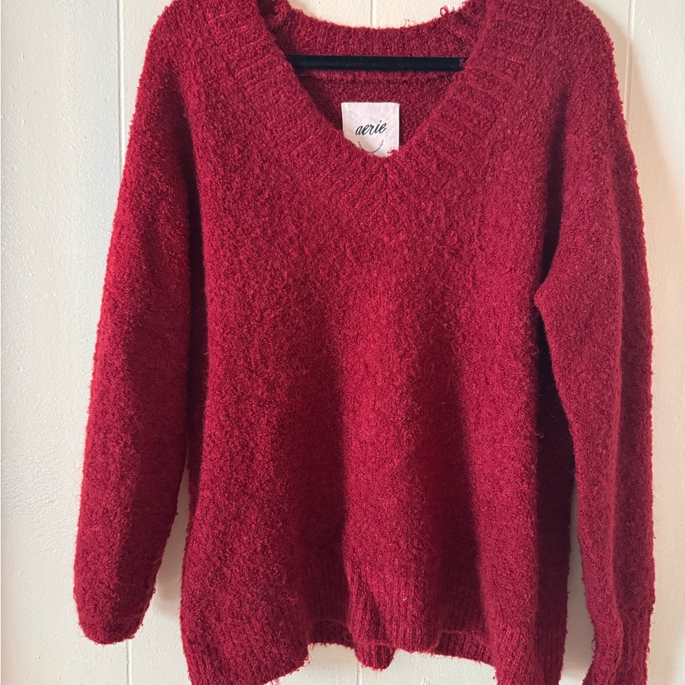 aerie Deep Red V-Neck Bouclé Sweater